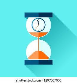 Hourglass and analog clock icons in flat style, sandglass timer on color background. Vector design elements for you project 