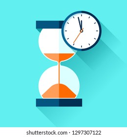 Hourglass and analog clock icons in flat style, sandglass timer on color background. Vector design elements for you project 