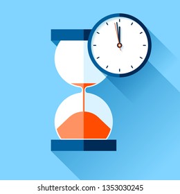 Hourglass and analog clock icons in flat style, sandglass timer on color background. Vector design elements for you project 
