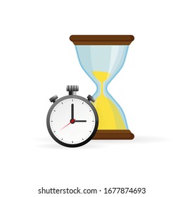 Hourglass and analog clock icons in flat style, sandglass timer on a white background. Vector design elements.