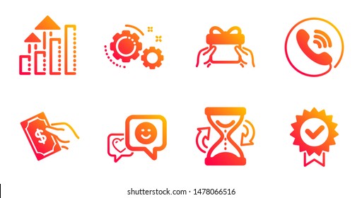 Hourglass, Analysis graph and Smile line icons set. Call center, Give present and Pay money signs. Gears, Certificate symbols. Sand watch, Targeting chart. Business set. Vector
