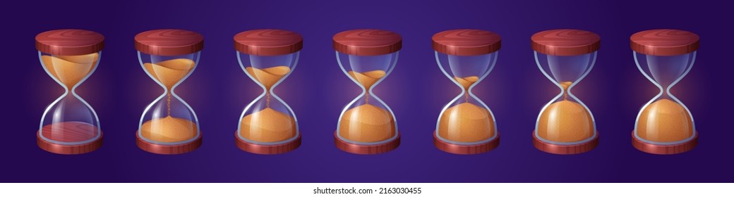 Hourglass animation sprite sheet. Glass clock with falling sand, isolated sandglass sequence frame for game. Graphic design elements for application, timer, loading process, Cartoon vector icons set