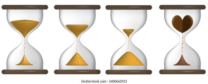 Hourglass antique concept for business deadline, urgency and running out of time. Hourglass with a heart inside. Time to love. Transparent hourglass icon, sandclock, flat design vector eps10