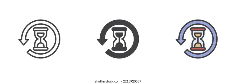 Juego de iconos de estilos diferentes de cristal de color y flecha. Versión de color de línea, glifo y contorno relleno, contorno del temporizador de arena y signo vectorial relleno. Símbolo, ilustración del logotipo. Gráficos vectoriales