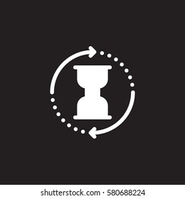 Hourglass with arrows around icon vector, filled flat sign, solid white pictogram isolated on black. Processing time symbol, logo illustration