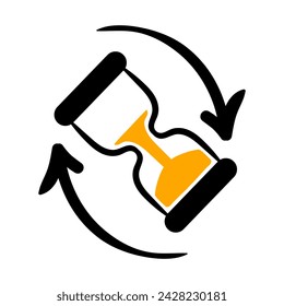 Hourglass with arrows. Countdown, loading, please wait, data processing, timer, cursor, keep track of time, advertising, icon, limited. Vector illustration