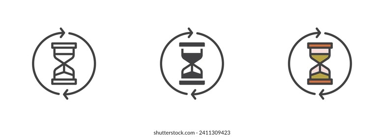 Hourglass with arrows different style icon set. Line, glyph and filled outline colorful version, outline and filled vector sign. Processing symbol, logo illustration. Vector graphics