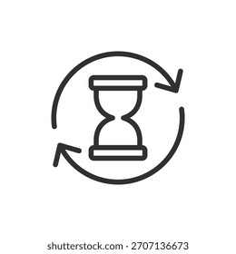 Reloj de arena con flechas, icono lineal. Ciclo de tiempo y proceso de Renovación. Línea con trazo editable.