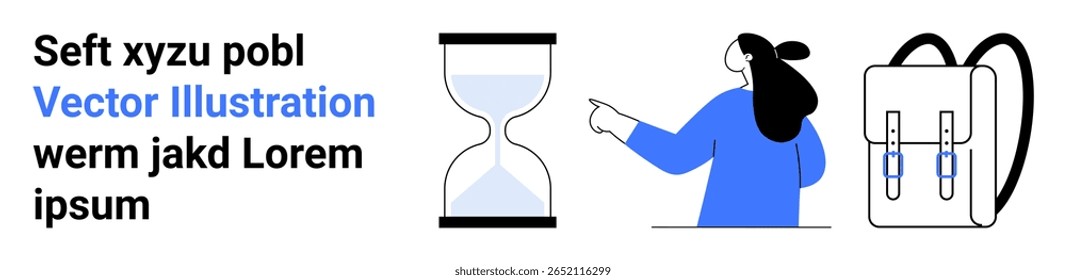 Hourglass beside a person in blue pointing to a text block, alongside a backpack. Ideal for time management, education, productivity, minimalism, learning, travel themes. Banner for landing page