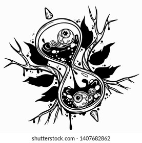 Hourglass. Black and white hand drawn sketch vector illustration isolated on white background.