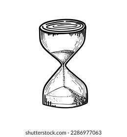 Hourglass. Black and white hand drawn sketch vector illustration isolated on white background, Sand watch glass engraving vector illustration.