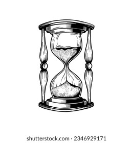 Hourglass. Black and white hand drawn sketch vector illustration isolated on white background, Sand watch glass engraving vector illustration.