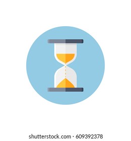 Hourglass in blue round on background vector concept. Time illustration in modern flat style. Color picture for design web site, web banner, printed material. Clock flat icon set. Sand watch flat icon