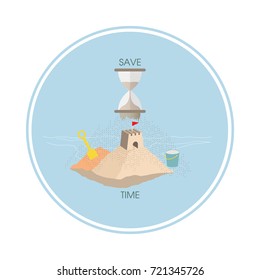 Hourglass and building sand castle symbolize time saving for a more productive life. Lifestyle habit to save concept. Vector illustration.
