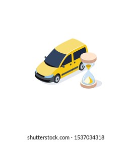 Hourglass car waiting for driver. Vector 3d isometric, color web icon, new flat style. Creative illustration design, idea for infographics.