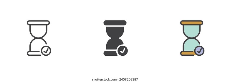 Hourglass check mark different style icon set. Line, glyph and filled outline colorful version, outline and filled vector sign. Sandglass and tick symbol, logo illustration. Vector graphics