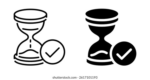 Hourglass with checkmark icon. Linear and silhouette style.