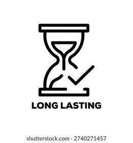 Hourglass with checkmark, indicating long lasting quality or approval