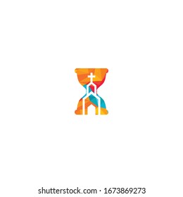 Hourglass and church logo design. Sand glass with church icon vector design.
