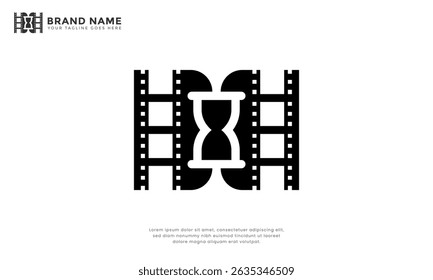 Hourglass Cinema Logo. Modern logo combine hourglass with filmstrip. symbolizing timeless storytelling, historical cinema, or efficient media production