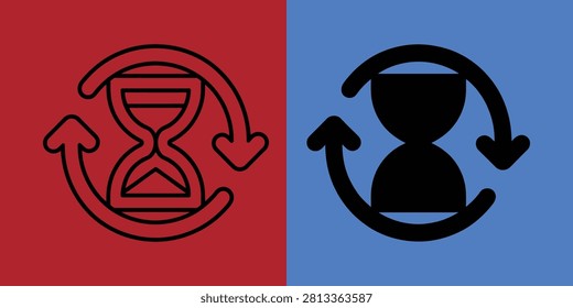 Hourglass with circular arrows in outline and solid black styles on red and blue backgrounds for loading