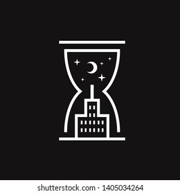 Hourglass city night with moon stars and buildings logo design line art illustration
