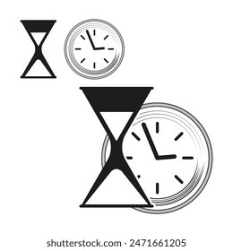 Hourglass and clock. Black and white. Time management icons. Modern vector symbols.