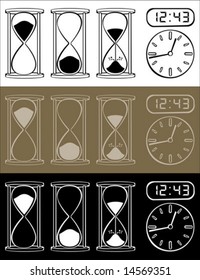Hourglass and clock isolated on different background