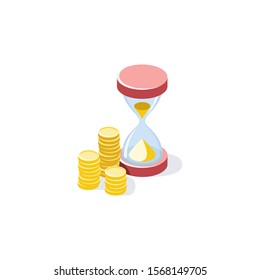 Hourglass clock money coins. Vector 3d isometric, color web icon, new flat style. Creative illustration design, idea for infographics.