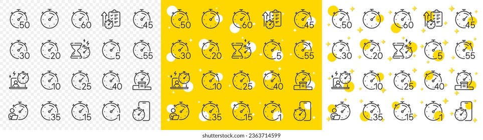 Hourglass, clock time and stopwatch. Timer line icons. Alarm countdown, sport measurement tool and 1 hour line icons. 10 minutes timer, time report, cook clock. Fast service, 60 seconds. Vector