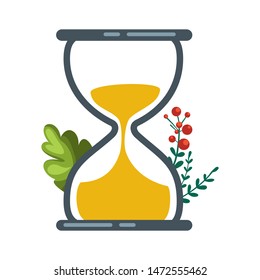 Hourglass. Clock vector illustration. Plants in the background.