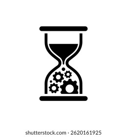
Hourglass with Cogs Inside, Simple Black Filled Icon, Time Management and Mechanism Symbol, Gear and Clock Graphic, Time Tracking, Productivity Icon, Clockwork, Time and Efficiency Icon