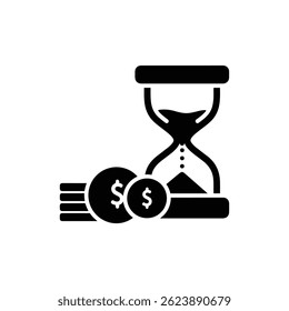 Hourglass and Coin Saving Time Icon - Black Filled Design