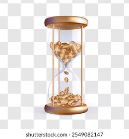 Hourglass with coins 3d time money concept. Golden metal dollar timer countdown. Sand in glass bulb count hour, minute and seconds. Sale promo vector dont miss shop icon. Deposit tax payment reminder