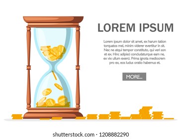 Hourglass with coins. Classic design of timer sand. Wooden material. Saving money, banking design. Flat vector illustration on white background. Web site page and mobile app design.