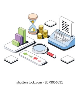 Lámparas, monedas, lupa, máquina de escribir, diagrama, como. Estilo isométrico de la línea de esbozo 3d vectorial, ilustración del icono de color. Idea de diseño creativo y elementos de infografía.