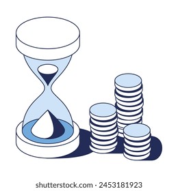 Hourglass coins. Vector 3d line isometric, color web icons, new flat style. Creative design idea for infographics.