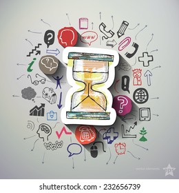 Hourglass collage with icons background. Vector illustration