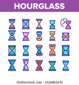 Hourglass Collection Elements Icons Set Vector Thin Line. Countdown Hourglass And Sandglass, Sand Clock Timer Or Watch Time Concept Linear Pictograms. Color Contour Illustrations