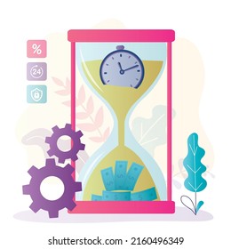 Hourglass, concept of time and money. Deadline, time and financial management. Business strategy, risk management. Flat vector illustration