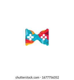 Hourglass console vector logo design. Sand glass with gaming joystick icon.