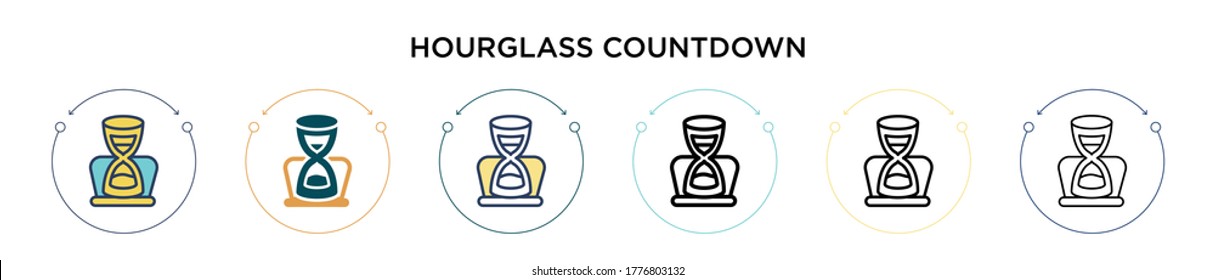 Hourglass countdown icon in filled, thin line, outline and stroke style. Vector illustration of two colored and black hourglass countdown vector icons designs can be used for mobile, ui, web
