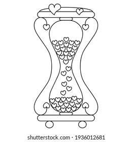 Hourglass. Countdown time. The glass flask is filled with sand in the shape of hearts. Love clock. Sketch. Love time. Vector illustration. Coloring book for children. Valentines Day. Hearts decoration