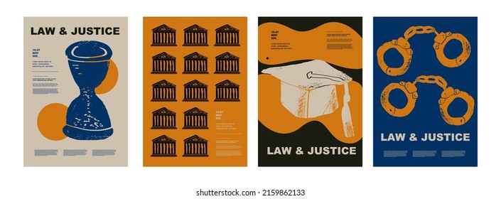 Hourglass, courthouse, headdress, handcuffs. Concept of law justice. Set of posters of jurisprudence in a abstract draw design. Perfect for poster, cover, banner.