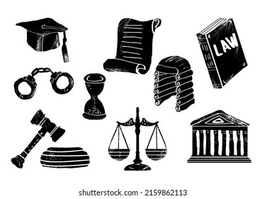 Hourglass, courthouse, headdress, handcuffs, constitution, book, scales, mallet, judge's gavel. Concept of law justice. Set of posters of jurisprudence in a abstract draw design.