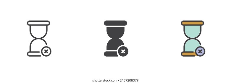 Hourglass and cross different style icon set. Line, glyph and filled outline colorful version, outline and filled vector sign. Timer cancel symbol, logo illustration. Vector graphics
