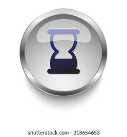 Hourglass dark blue vector icon on a glossy glass button with chrome on white background