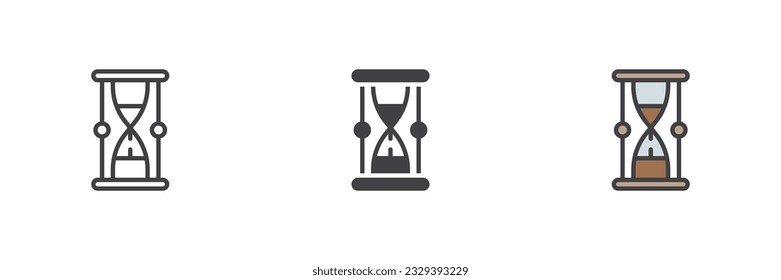 Juego de iconos de estilos diferentes de vidrio de color. Línea, glifo y contorno relleno versión colorida, contorno y signo vectorial relleno. Símbolo de tiempo, ilustración del logotipo. Gráficos vectoriales