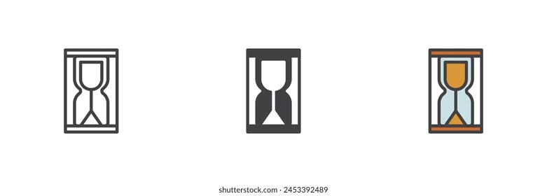 Juego de iconos de diferentes estilos de reloj de arena. Línea, glifo y contorno relleno versión colorida, contorno y Vector relleno signo. Símbolo de reloj de arena, ilustración de logotipo. Vector gráfico