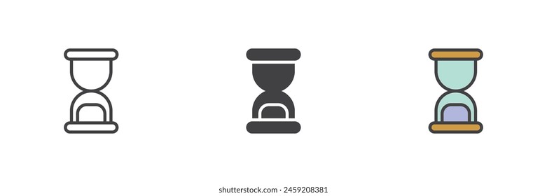 Hourglass different style icon set. Line, glyph and filled outline colorful version, outline and filled vector sign. Sandglass symbol, logo illustration. Vector graphics